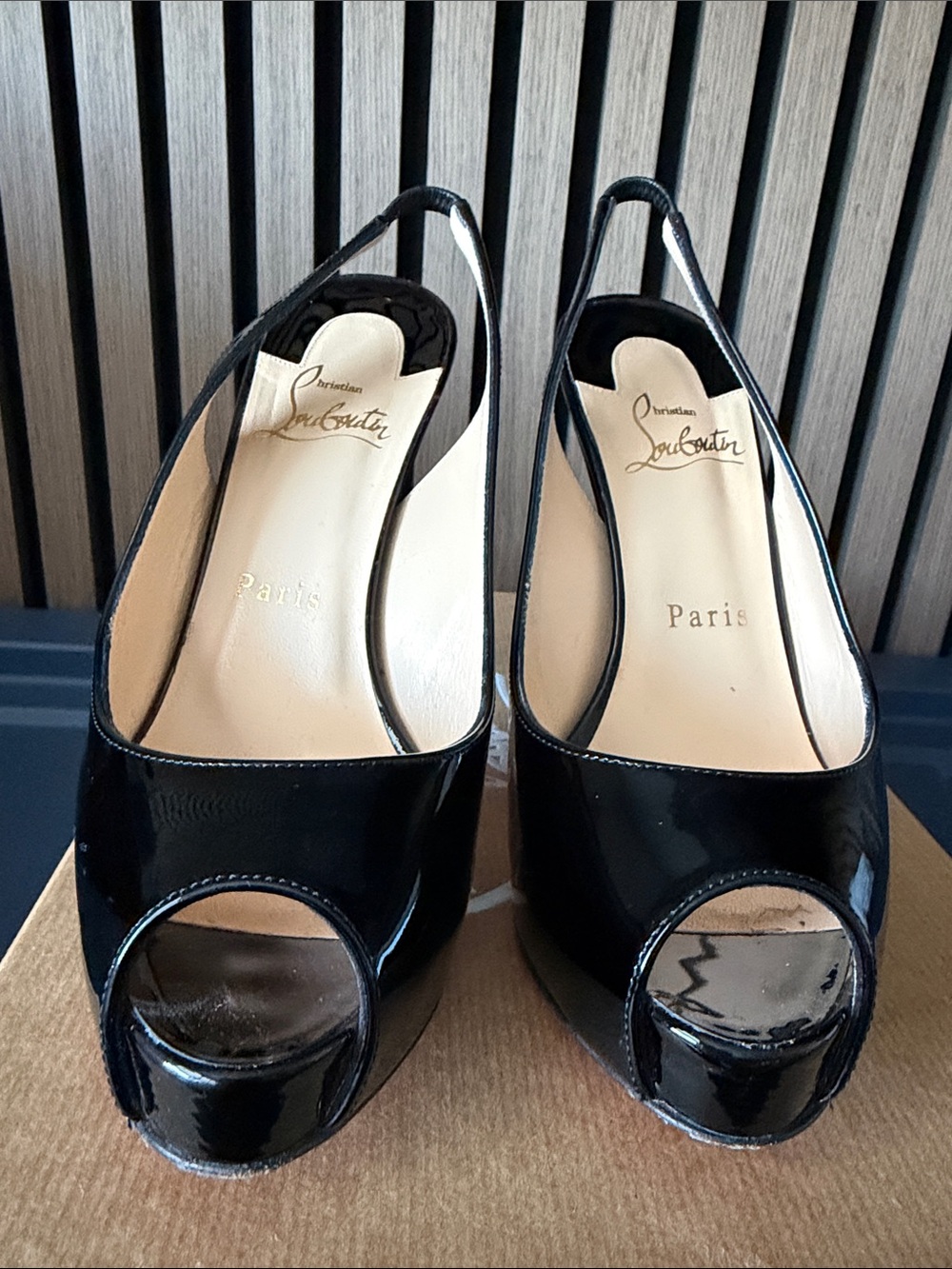 Christian Louboutin Black Patent Peep-Toe Platform Slingbacks